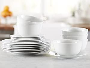Amazon Basics 18-Piece Kitchen Dinnerware Set, Plates, Dishes, Bowls, Service for 6, White Porcelain Coupe