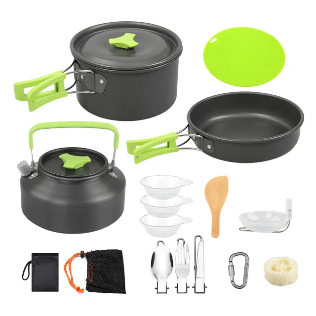 LakeForest"16-Piece Camping Cookware Set with Pot, Pan, Kettle, Cutlery, and Accessories for Outdoor Cooking"Grey