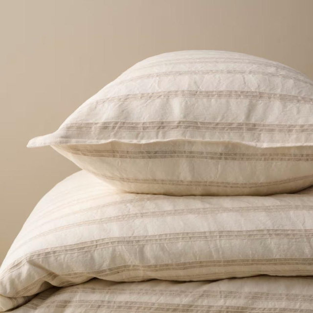 Embroidered Stripe Linen Cotton Duvet Cover - Oatmeal