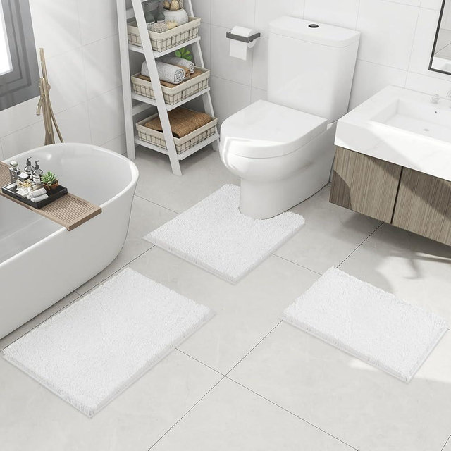 Hbsmat Bathroom Rug Set 3 Pieces Luxuriously Soft, Highly Absorbent Chenille Bath Rugs with Non-Slip PVC Backing and Machine Washable Toilet Rug for Bathroom, Bedroom, Kitchen, Hallway, White