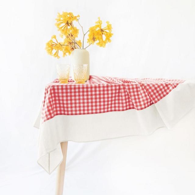 MONDAY MOOSE Gingham Checkered Farmhouse Rustic Picnic Style Decoration Rectangle Natural Stonewashed Cotton Tablecloth for Kitchen, Dining Room, Restaurant (60x86 inch, Red/White)