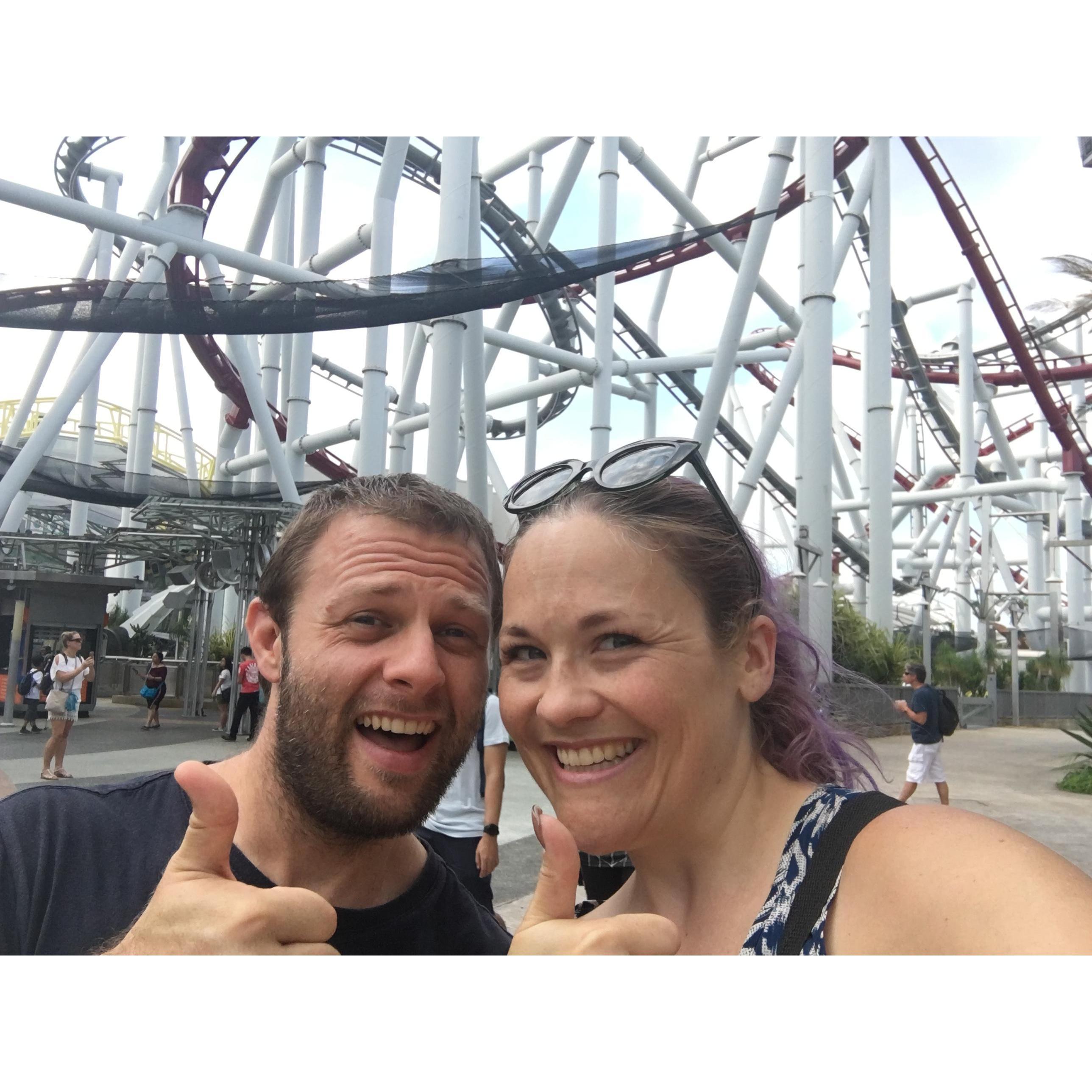 Our first crazy roller coaster together at Universal Studios.
