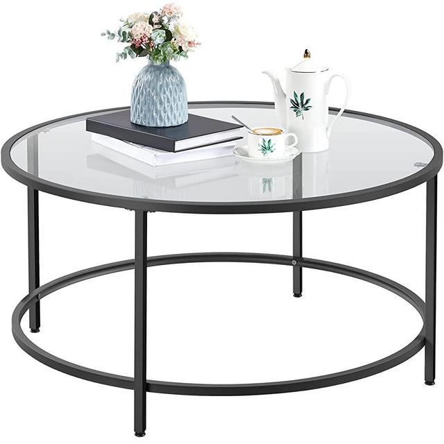 YAHEETECH 36in Modern Glass-Top Accent Side Coffee Table,Black Round Sofa End Table w/Protective Foot Pads,Metal Structure & Reinforced Frame for Living Room,Dining Room,Apartment,Small Space