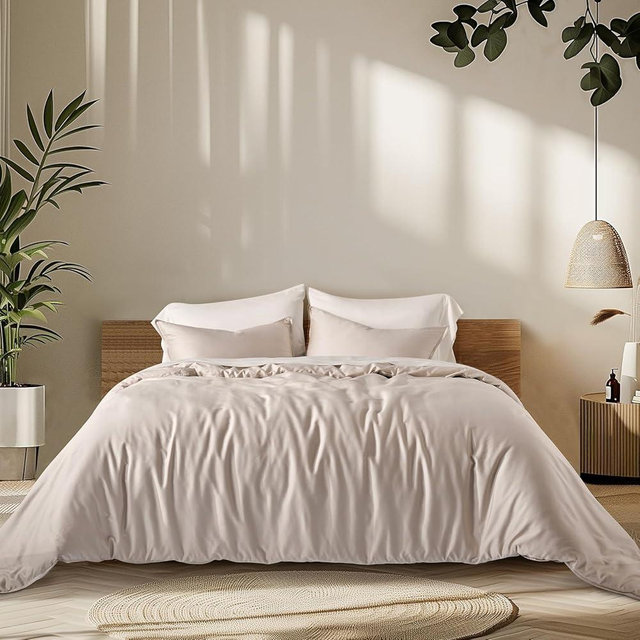 EVERGRACEHOME Cotton Tencel Cooling Duvet Cover Set Queen Size for Hot Sleepers, Luxe Eucalyptus Lyocell Bedding Set, Soft Sateen Weave Button Closure Comforter Cover 88" x 92" w/ 2 Shams, Beige Sand