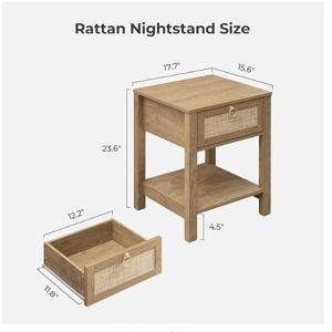 SICOTAS Rattan Nightstand Set of 2, Rattan Decor Drawer with Brass Knobs Night Stand Bedside Table Boho End Tables Side Tables with Storage Shelf for Bedroom,Small Space