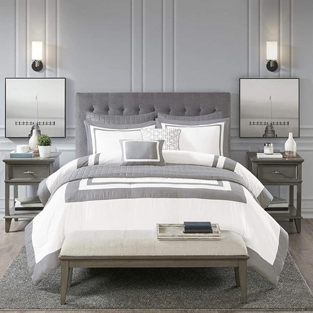 Madison Park Heritage Comforter Coverlet Combo, Color Block Design Modern Luxe All Season Down Alternative Bed Set with Matching Shams, Decorative Pillows, King/Cal King(104"x92"), Grey 8 Piece
