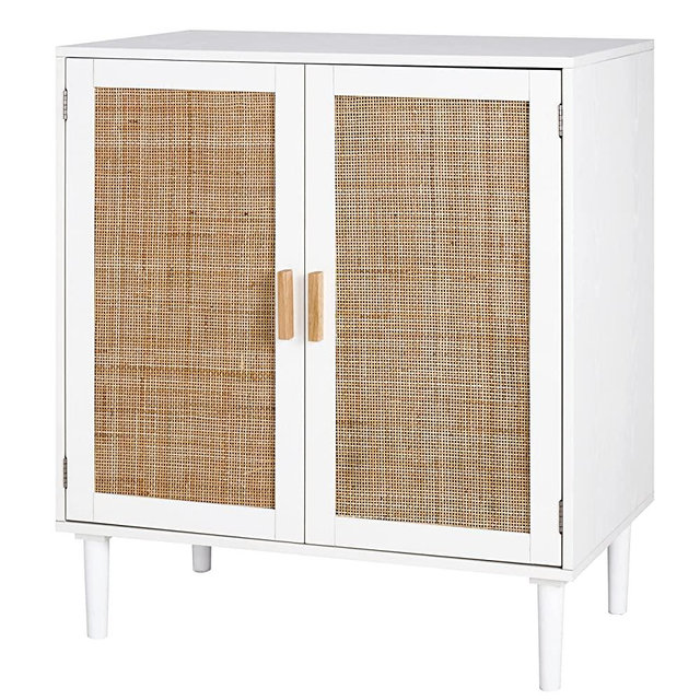 Finnhomy Sideboard Buffet Cabinet, Kitchen Storage Cabinet with Rattan Decorated Doors, Liquor Cabinet, Dining Room, Hallway, Cupboard Console Table, Accent Cabinet, 31.5X 15.8X 34.6 Inches, White