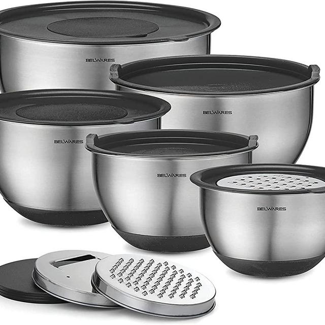 Mixing Bowls with Lids Set - Nesting Bowls with Graters, Handle, Pour Spout, Airtight Lids - Stainless Steel Non-Slip Mixing Bowl for Cooking, Baking, Prepping, Food Storage (Set Of 5)