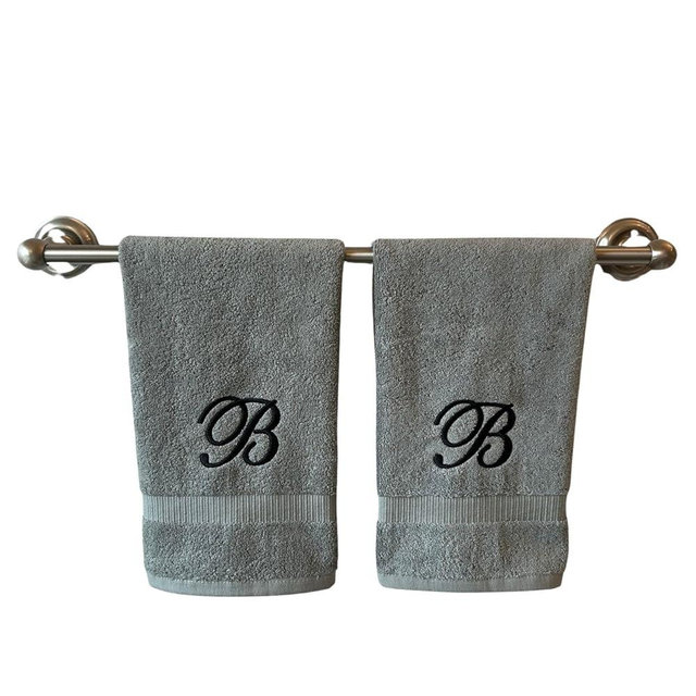 Gray Monogrammed Hand Towels for Bathroom - Luxury Hotel Quality Personalized Initial Embroidered Towel for Powder Room, Spa - GOTS Organic Certified - Set of 2 Black Letter B