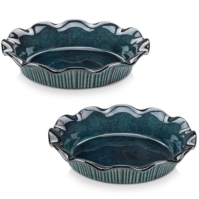 vancasso Stern Ceramic Pie Pan, 9 inch Pie Pans Set of 2, Deep Pie Dishes for Baking, Round Pie Plates for Apple, Quiche, Pot Pies, Tart, Oven & Dishwasher Safe, Green