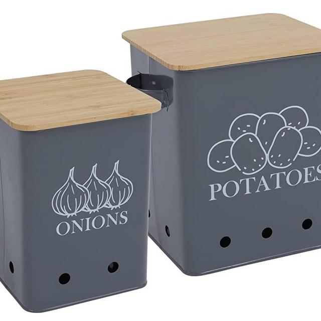 Kitchen Vegetable Storage Tins Set of 2 for Potatoes, Onion, with wooden lid Garlic Bin Caddy, Long Shelf Life-Grey