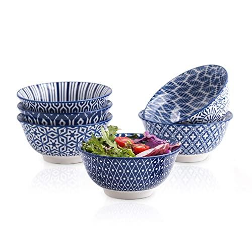 Selamica 7 inches Porcelain Bowls Set - Set of 6, ceramic bowls for Cereal, Soup, Salad and Pasta, Vintage Blue