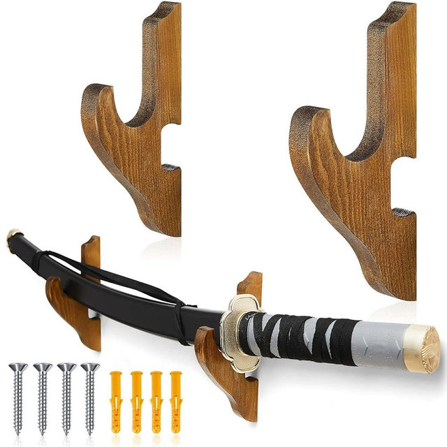 Chunful 2 Pcs Sword Wall Mount Sword Holder Katana Stand 1 Tier Katana Wall Mount Adjustable Hanger Display Wooden Samurai Mounts for Wall Weapon Hanger for Samurai (Brown)