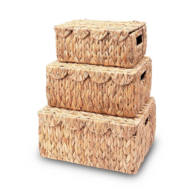 LUSYDECO Scalloped Edge Wicker Basket with Lid, Rectangle Wicker Storage Basket with Built-in Handles, Multipurpose Organizer Rattan Display Boxes for Shelf, Nursery Room, Set of 3