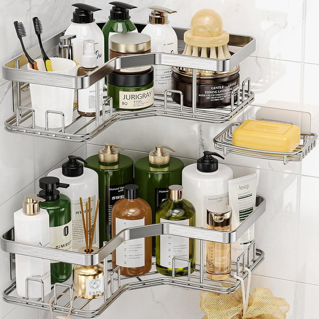 MAXIFFE Shower Caddy Organizer, 3-Pack Adhesive Corner Shower Caddy Organizer Shelves Storage Rack Accessories Rustproof Stainless Steel for Bathroom Countertop Home Decor Set, Silver, X-Large