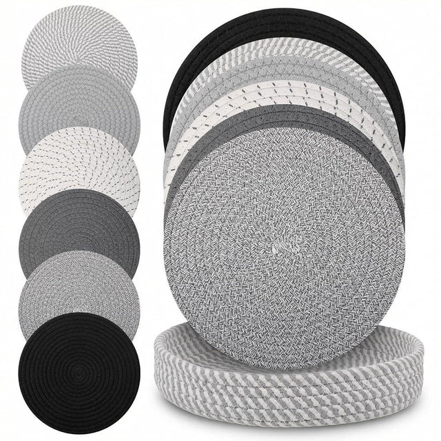 Kenaoeoe 10 Inch Trivets for Hot Dishes Heat Resistant Hot Pads and Pot Holders with Storage Basket, Extra Large Thick Coasters for Kitchen Countertop, 6 Pcs Cotton Trivets