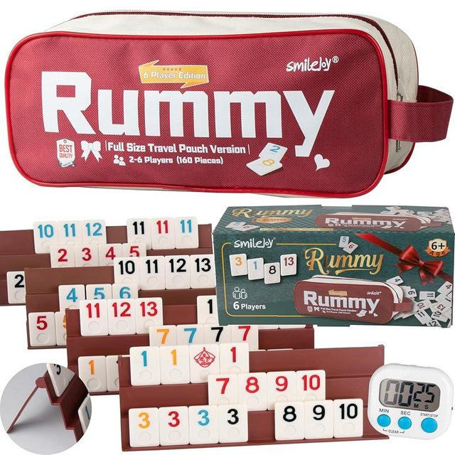 Smilejoy Rummy Cube 6 Players Edition, Full Size Travel Rummy Game Set with Travel Portable Canvas Bag,Classic Board Game for Adults and Kids |160 Tiles | 6 Playing Racks |1 Timing | (2-6 Player)