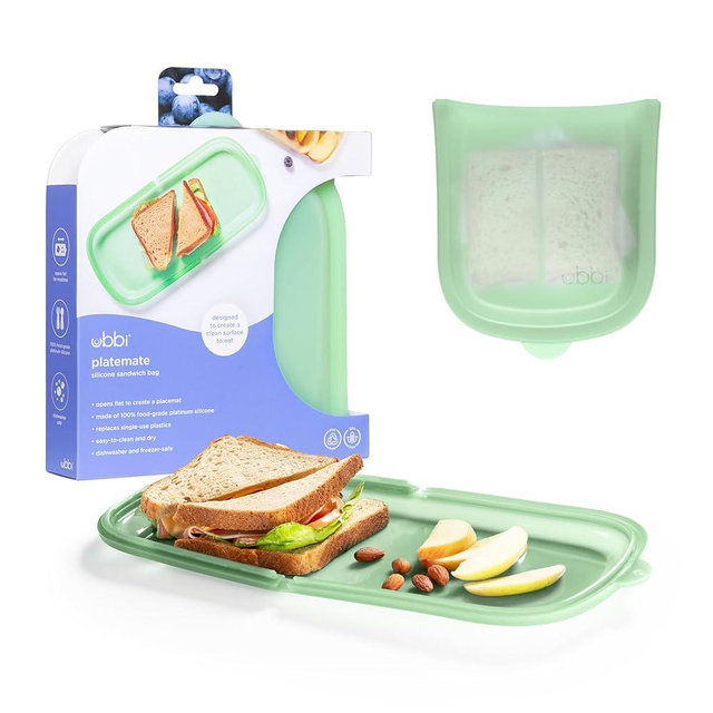 Ubbi Platemate Reusable Silicone Storage Bag, Opens Flat as Placemat, Dishwasher and Freezer-Safe, Lunch Container, Leakproof Sandwich & Snack Bag, Easy to Clean, BPA-Free, Sugar Snap Green