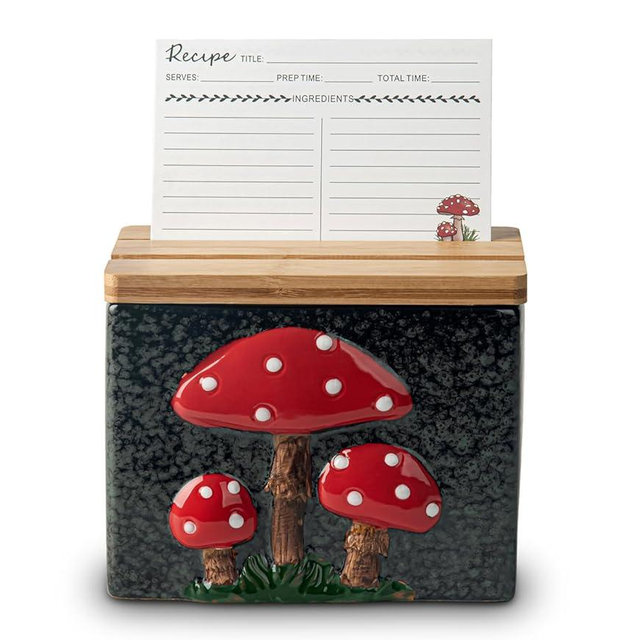 dgudgu Mushroom Recipe Box With Cards And Dividers Ceramic Recipe Card Box Cute Recipe Box And Cards Black Recipe Cards And Box Set With Bamboo Lid
