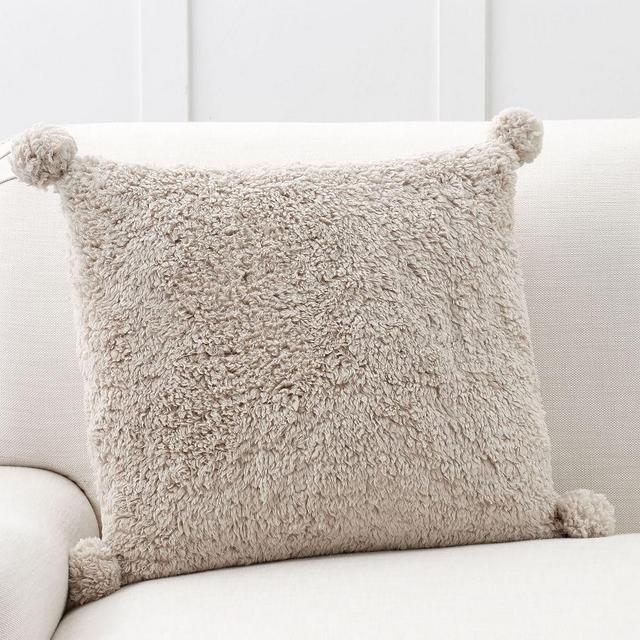 Cozy Pom Pom Pillow Cover, 20", Khaki