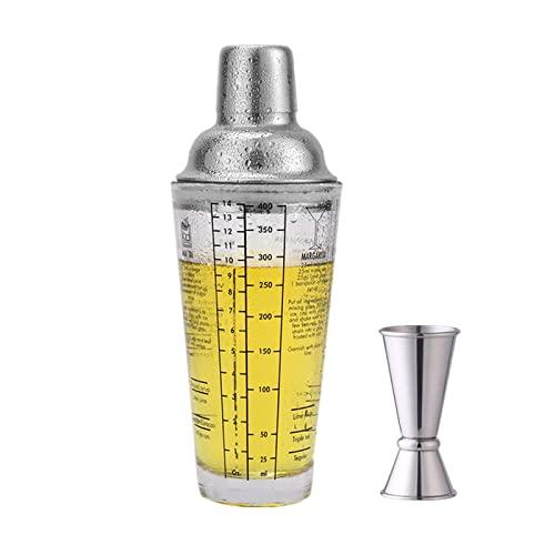 Glass Cocktail Shaker Printed with Recipes,14 oz Martini Shaker with Double Measuring Jigger,18/8 Grade Stainless Steel Mixing Shaker,Leak-Proof Lid,Drink Shaker,Bartender Kit Gifts.