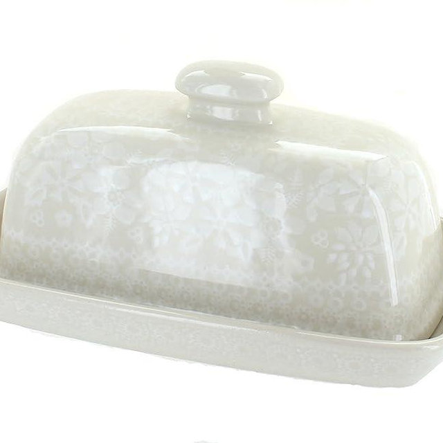 Blue Rose Polish Pottery White Lace Butter Dish