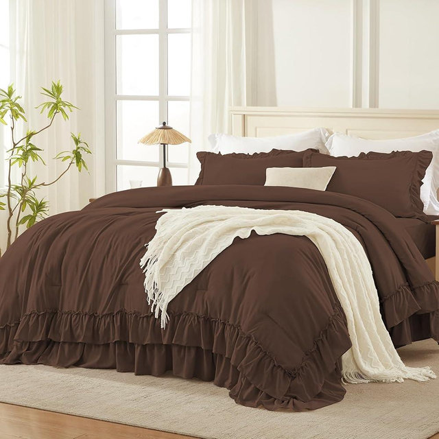 Andency Brown Full Size Comforter Set (79x90Inch), 3 Pieces Fluffy Farmhouse Shabby Chic Ruffle Bedding Comforter Sets, All Season Soft Lightweight Bed Set