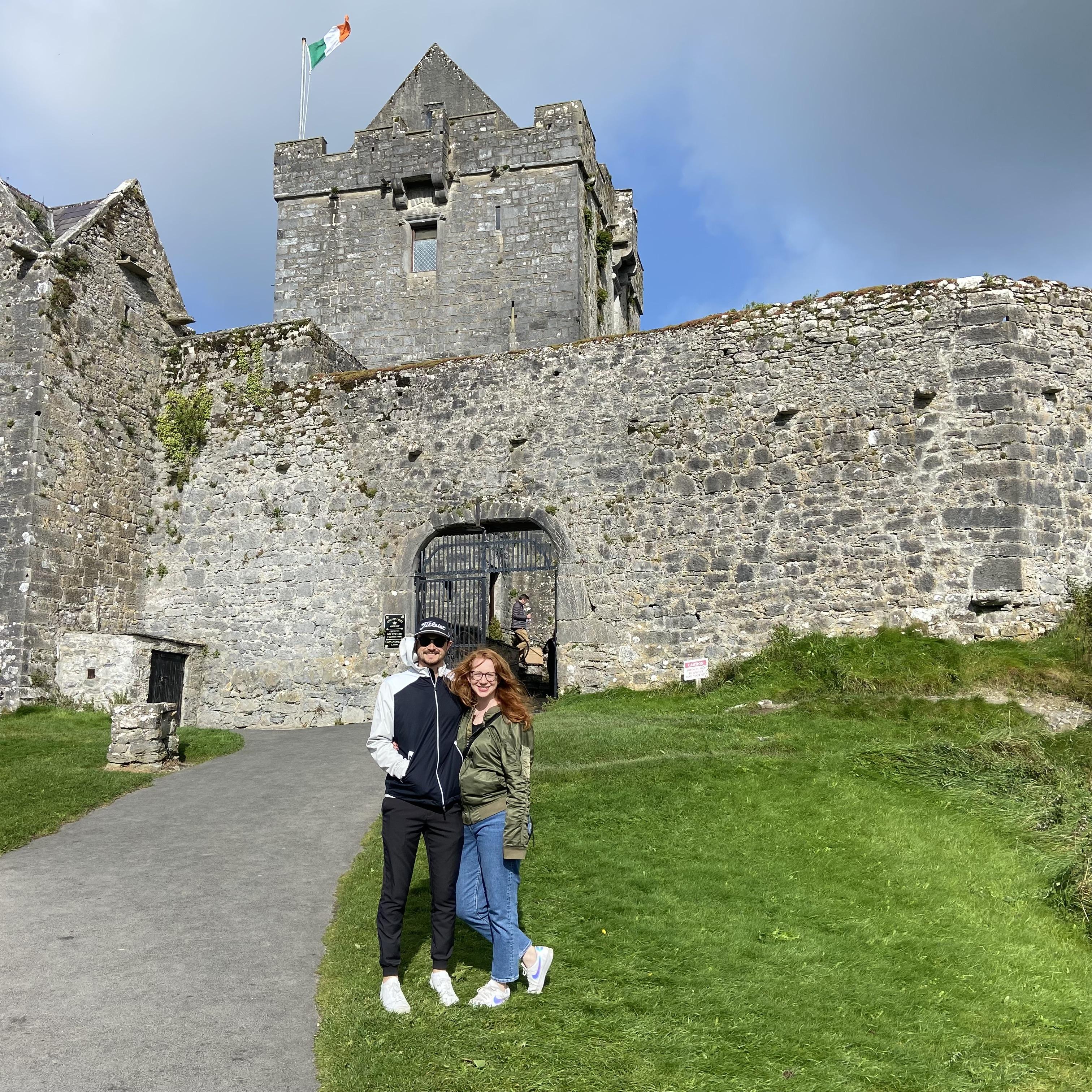 Our first international trip together – Ireland! Here we are in front of a castle in Kinvarra, Ireland. 9.20.2023