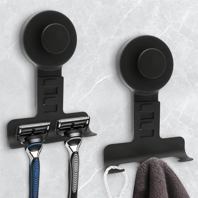 WingWider Suction Cup Razor Holder for Shower Wall 2 Pack,Heavy-Duty 15lbs Suction Hooks for Razor,Towel,Phone,Loofah, Removable Damage-Free Metal Shower Hook,Shaver Holder(Black)