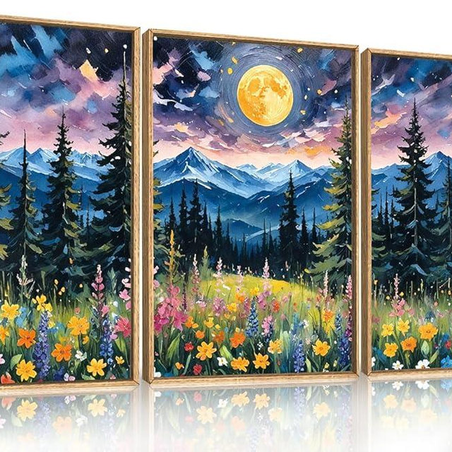 DRACIT Vintage Colorful Mystical Forest Moon Framed Canvas Wall Art Set,Dreamy Moonlit Nature Wilderness Wall Decor,Abstract Midnight Mountain Wildflowers Pine Tree Landscape Artwork for Living Room-24"x36"x3