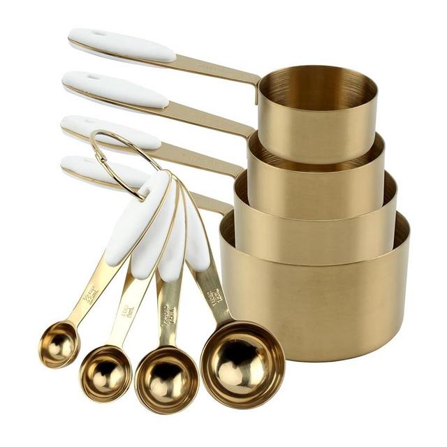 Cook with Color 8 Piece Gold Measuring Cups and Measuring Spoon Set Stainless Steel with Soft Touch Silicone Handles, Nesting Liquid or Dry Measuring Cups Set