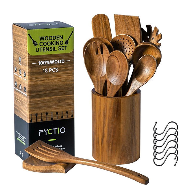 12 PCS Acacia Wooden Spoons for Cooking - Heat-Resistant, Comfort Grip,Easy to Clean, Non-stick Friendly - Kitchen Utensil Set with Holder, Spoon Rest & 6 Hooks, Ideal for Gifting