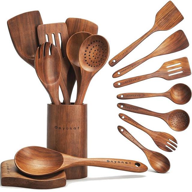 Wooden Spoons for Cooking,9 Pcs Teak Kitchen Utensil Set Wooden Cooking Utensils Wooden Spatula for Cooking