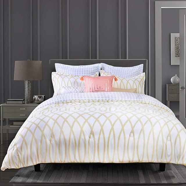 GS Home Fashions 8 Piece Comforter Set Queen- Madison Geo Gold Cream Ultra Soft Brushed Microfiber Bed Comforters 1 Comforter, 2 Shams, 2 Euro Shams, 3 Accent Pillows