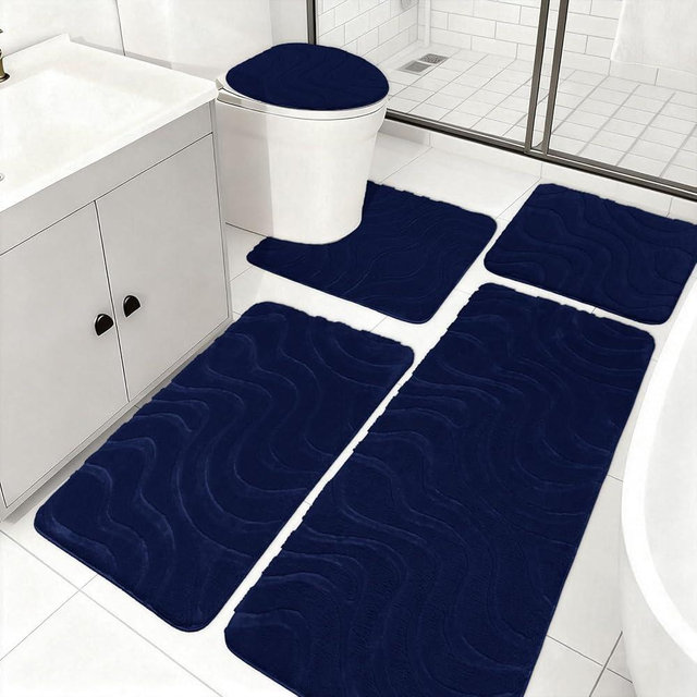 Aqzuxira Bathroom Rug Sets 5 Piece, Ultra Soft Absorbent Non-Slip Plush Bath Mats, Includes Toilet Cover, Bath Runner and U-Shaped Contour Toilet Rug, Machine Washable,Navy Blue