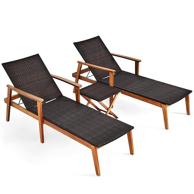 Happygrill 3PCS Chaise Lounge Set Modern Rattan Chaise Set with Adjustable Backrest, Acacia Wood Frame & Ergonomic Armrest, Wicker Side Table, Outdoor Furniture for Patio, Poolside