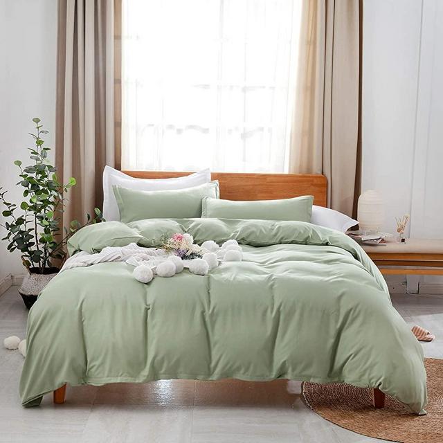 Uhsupris Washed Duvet Covers Full/Queen Size,3 Pieces Green Bedding Set Queen,100% Washed Microfiber,Breathable& Ultra Soft with Zipper&Corner Ties