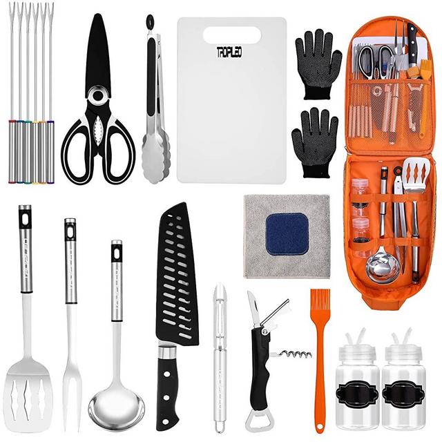 Camp Kitchen Cooking Utensil Set,20 Piece Portable Outdoor Cooking and Grilling Stainless Steel Utensils, Camping Cooking Accessories, Organizer Travel Cookware Set,for Backpacking, BBQ, Travel, RV