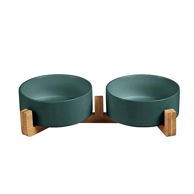 Ceramics Dog and Cat Bowl with Wood Stand Non-Slipped Bottom Food Water Feeder for Cats &Small Dogs