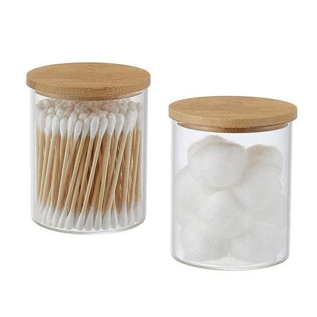 BKYFPQ 2 Pack Glass Qtip Holder Dispenser Bathroom Jars with Bamboo Lids, Cotton Ball Pad Round Swab Holder for Bathroom Accessories Storage Organizer