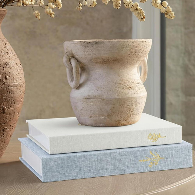 Cinnvoice Set of 2 Beautiful Decorative Books Linen Boxes Enhance Your Coffee Table Bookshelf Mantle Decor Aesthetic Fake Faux Books for Modern Home Decoration Photo Storage(Baby Blue Beige)