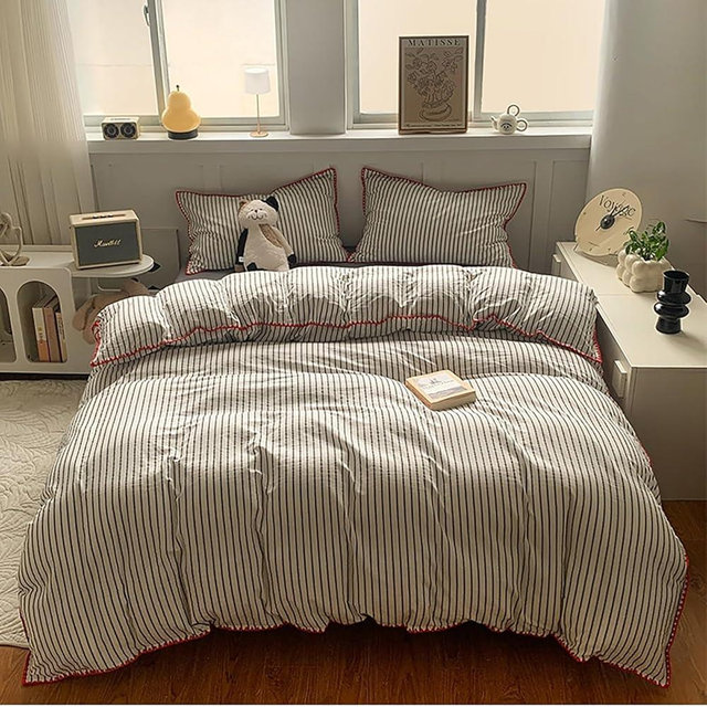 SRVEINE 100% Washed Cotton Bedding Duvet Cover Full Size for All Season,Solid Color Quilt Cover with Triangle Hem, Japanese Soft Relaxed Comforter Cover with Stripe(Black,Queen)