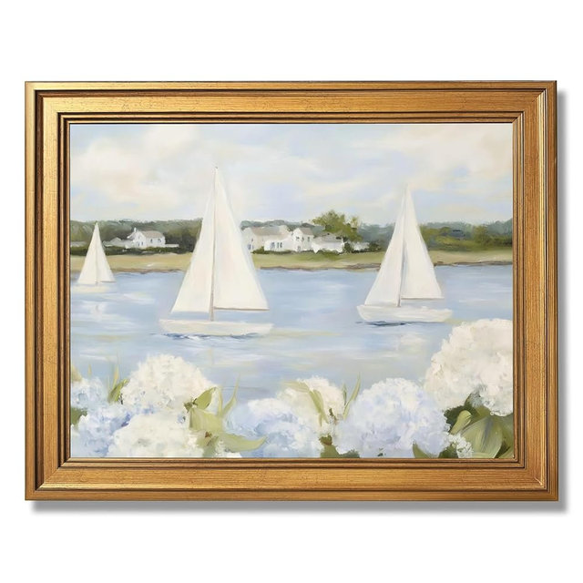 Licpach Grandmillennial Preppy Coastal Wall Art Nautical Sailboat Blue White Floral Canvas Print Vintage Seaside Beachy Cottagecore Decor Posters forBathroom Bedroom Aesthetic 8X10inch Golden Frame