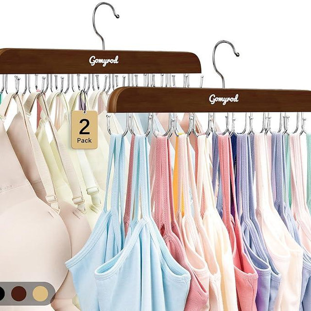 Gomyrod Bra Hanger for Closet, 2 Pack Tank Top Hangers w/20 Hooks Holds 40 Bras, Capacity Foldable Wood Space Saving Hanger, 360°Rotating Closet Organizers and Storage for Dorm & Apartment（Brown）
