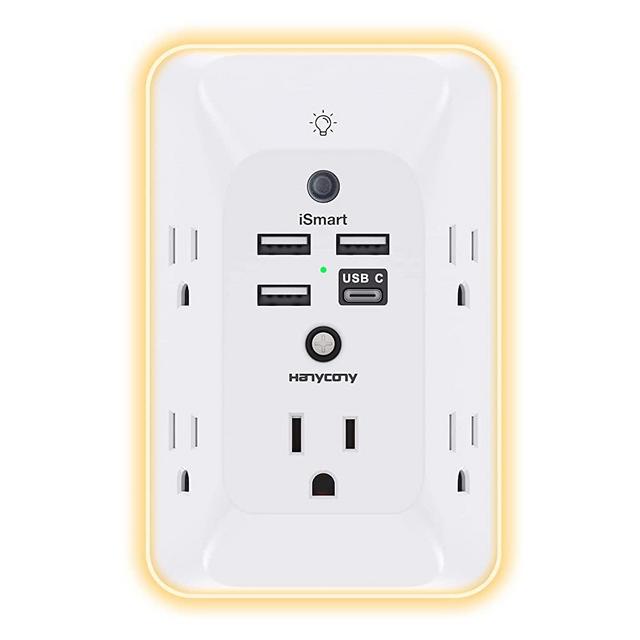 Outlet Extender with Night Light, Multi Plug Outlet, USB Wall Charger 4 USB Charging Port(1USB C), 3 Side Power Strip Surge Protector Wall Adapter, Outlet Splitter for Home Office, ETL Listed