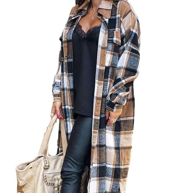 Button Up Long Sleeve Plaid Jacket - Brown - Small