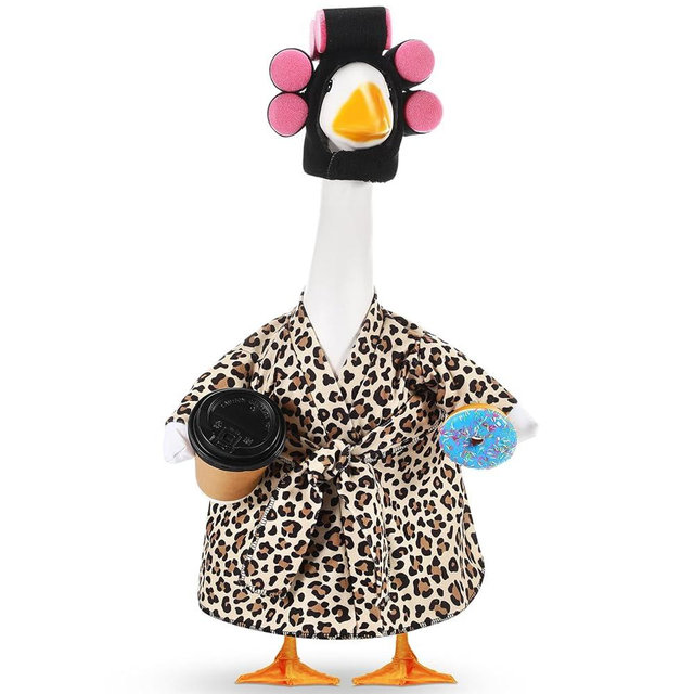 Shyyween Lady Porch Goose Outfit for 23'' Cement Plastic Lawn Goose Statue Clothes Bathrobe Coffee Cup Curlers for Outdoor Garden Yard Patio Decoration(Leopard Print Color)
