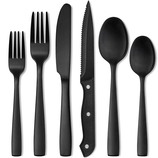 Hiware 24 Pieces Matte Black Silverware Set with Steak Knives for 4, Stainless Steel Flatware Cutlery Set, Hand Wash Recommended