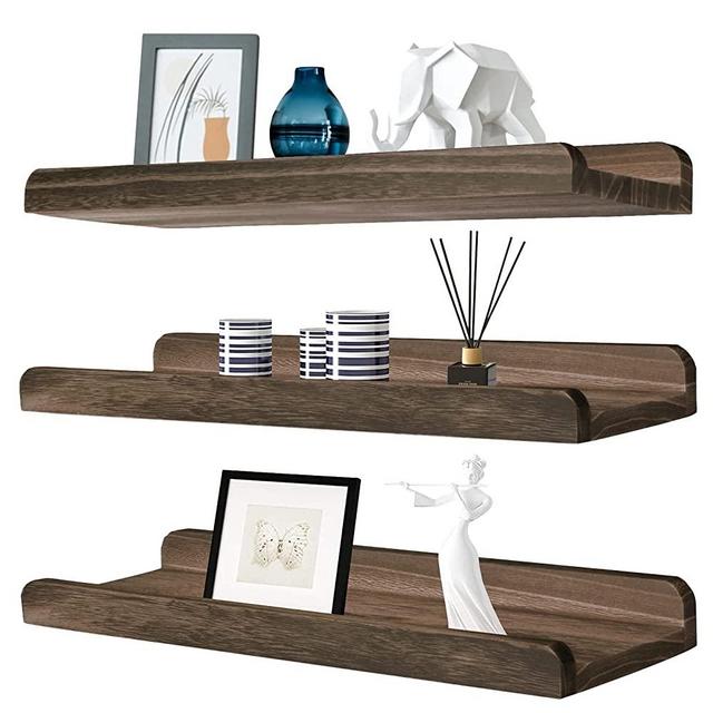 Laerjin 17 Inch Floating Shelves Wall Mounted, Set of 3 Rustic Wood Wall Shelves, Modern Rustic Style, Wall Mounted Display Shelves, Natural Wood-Dark Color