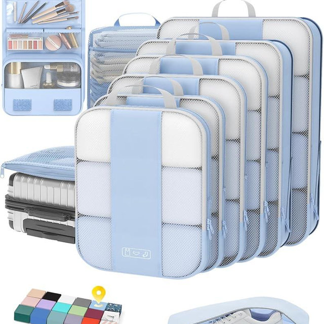 10 Set Compression Packing Cubes for Travel Essentials,Compressible Expandable Packing Cubes for Suitcase,OlarHike Luggage Organizer Bags for Travel,Handy Helper for Organizing Clothes(Light Blue)